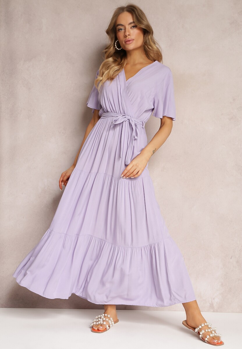 Fioletowa Rozkloszowana Sukienka z Falbanką i Wiązanym Paskiem Adotine