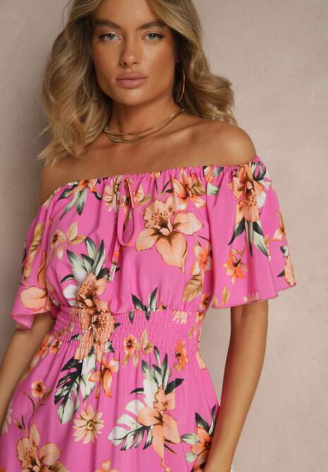 Fuksjowa Sukienka Hiszpanka w Kwiaty z Gumką w Pasie Deviela