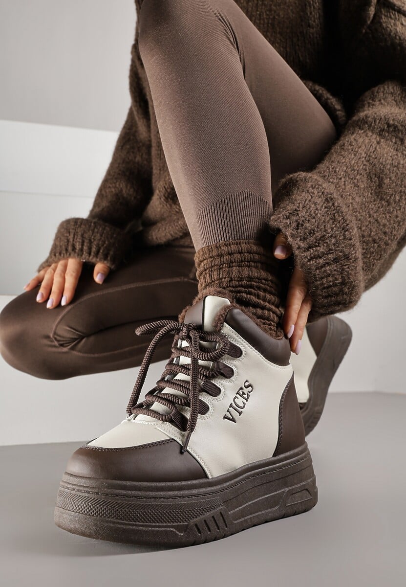 Beżowo-Brązowe Sneakersy na Grubej Podeszwie Mocno Ocieplane Futrem Leavinael