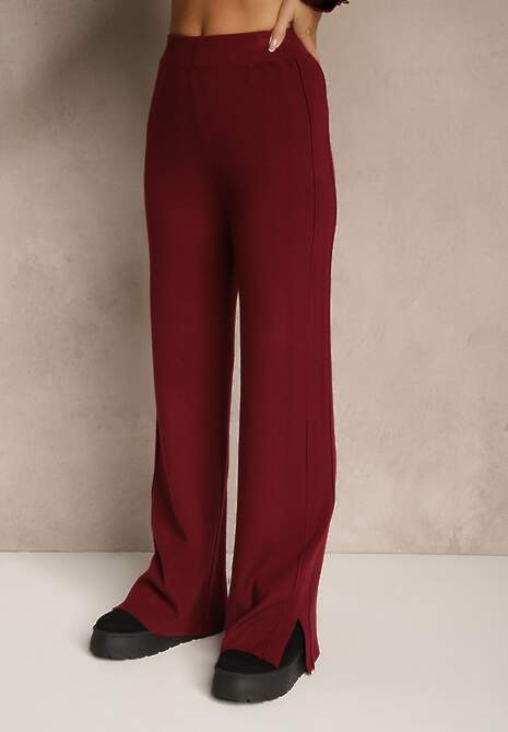 Bordowy Komplet z Dzianiny z Wiskozą Spodnie i Sweter z Ozdobnymi Guzikami Unarea