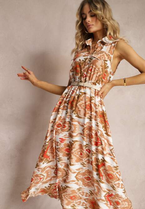 Beżowa Rozkloszowana Sukienka z Ozdobnymi Naszyciami na Dekolcie w Abstrakcyjni Print Flubia