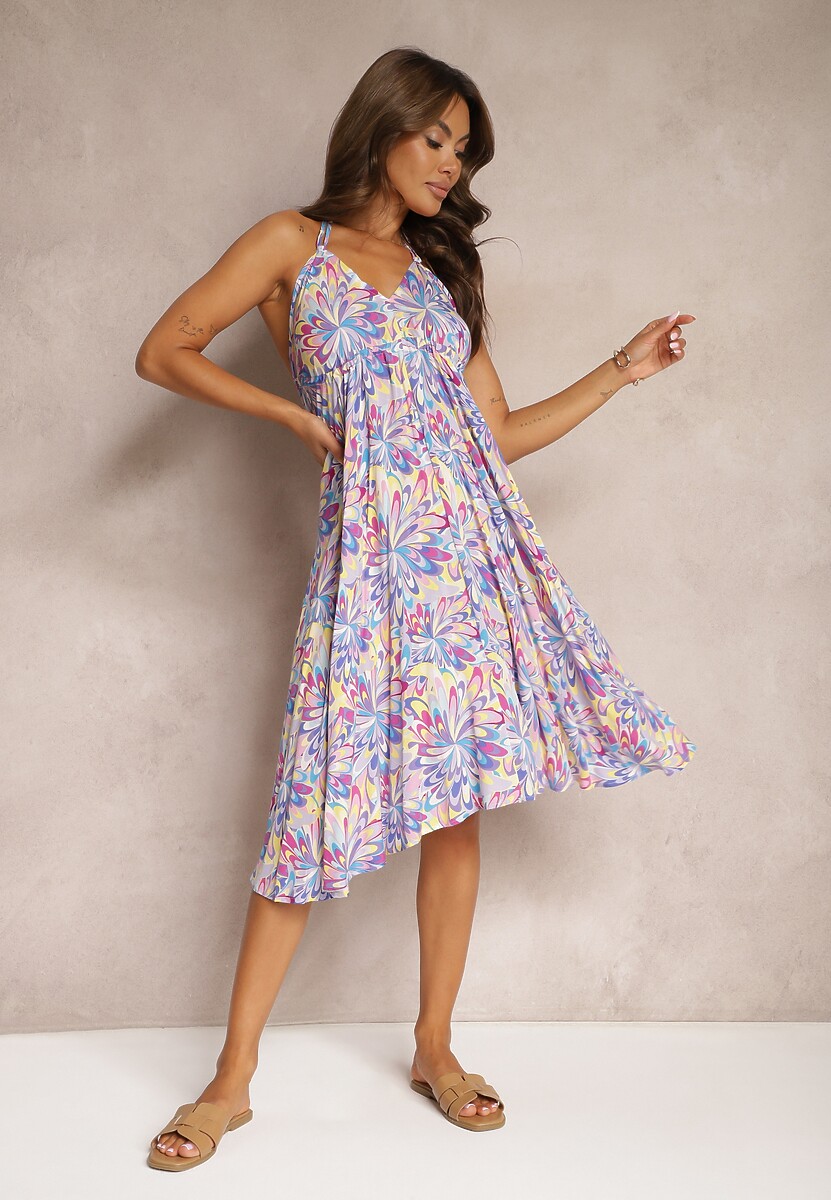 Niebieska Wiązana Sukienka z Bawełny o Rozkloszowanym Kroju Risaltis