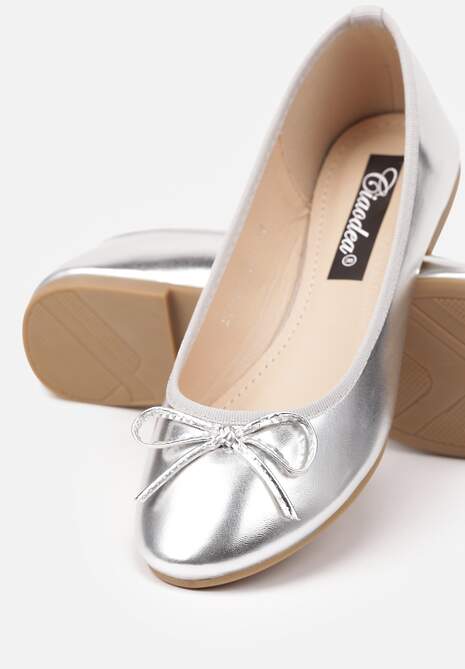Srebrne Casualowe Balerinki na Płaskiej Podeszwie Wykończone Kokardką Rivashani