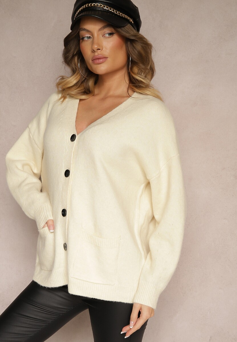 Jasnobeżowy Casualowy Kardigan z Wełną na Guziki Floradi