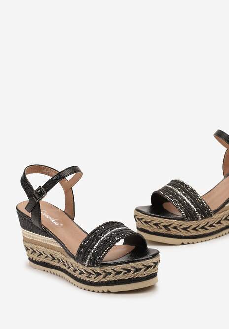 Czarne Sandały na Koturnie i Platformie z Błyszczącą Plecionką z Cyrkoniami Kilimana