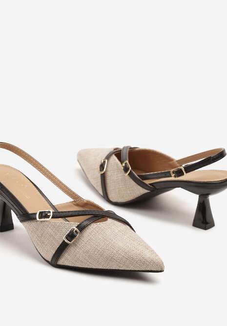 Beżowo-Czarne Sandały Czółenka na Kaczuszce z Noskiem w Szpic i Odkrytą Piętą z Klamerką Arivissa