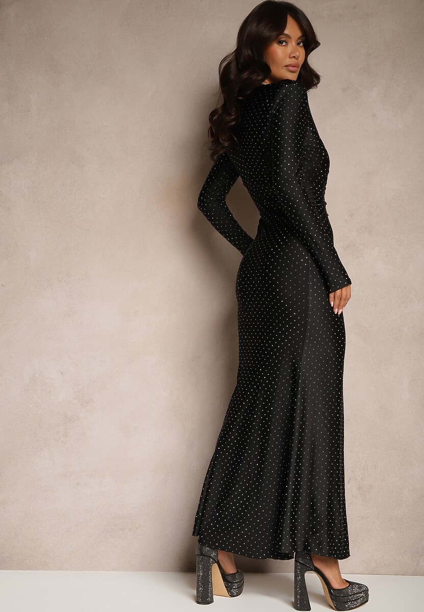 Czarna Dopasowana Sukienka Koktajlowa Marszczona w Pasie Zdobiona Cyrkoniami Rissanea