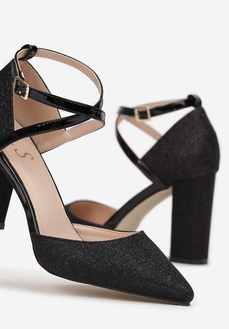 Czarne Brokatowe Czółenka na Słupkowym Obcasie ze Szpiczastym Noskiem Soumaya