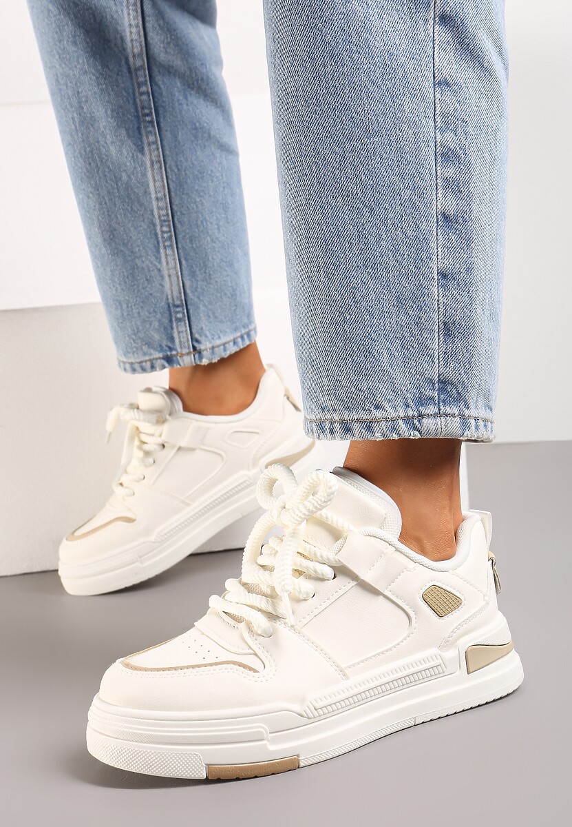 Beżowe Sneakersy na Niskiej Platformie z Grubym Sznurowaniem i Podwójnym Językiem Minseja