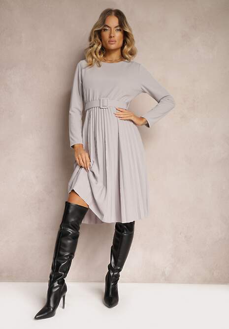 Jasnoszara Plisowana Sukienka Midi z Paskiem w Talii Pailomena