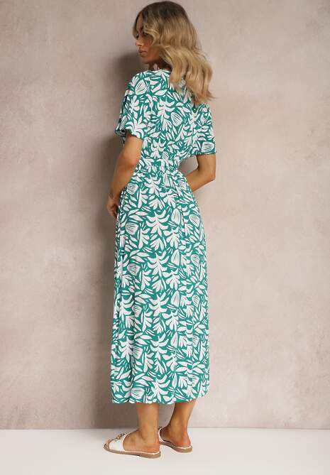 Zielona Wiskozowa Sukienka z Kopertowym Dekoltem z Gumką w Pasie i Materiałowym Dekoltem Gilemia