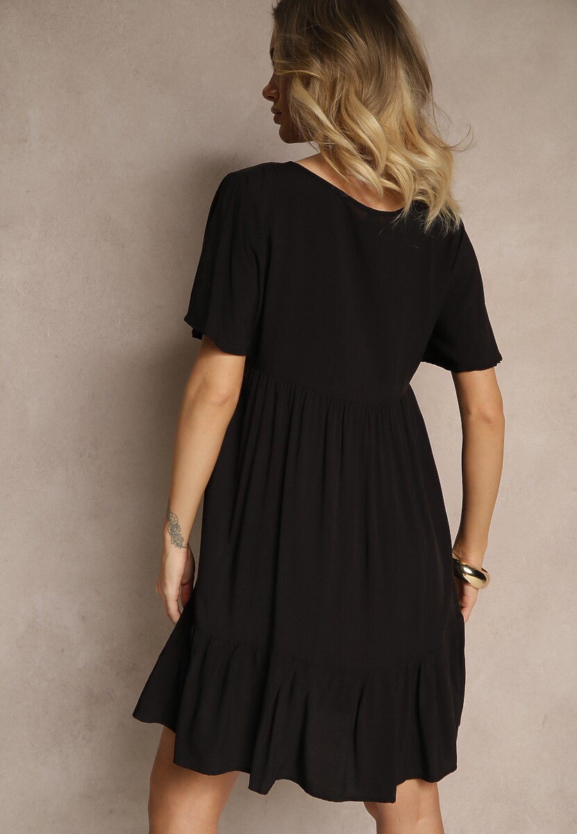 Czarna Bawełniana Sukienka Rozkloszowana z Wiązaniem przy Dekolcie Mepova