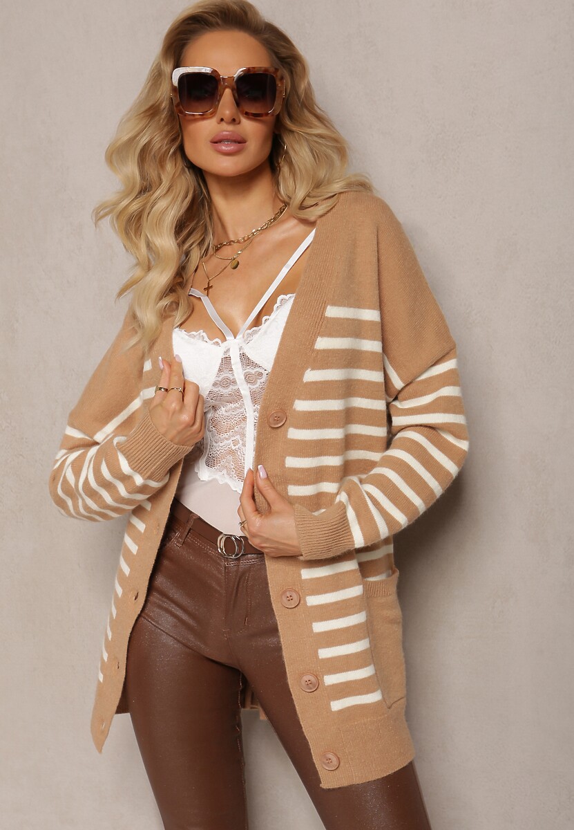 Beżowy Kardigan w Paski o Wydłużonym Fasonie z Dekoltem V Zapinany na Guziki Ravime