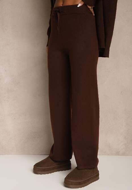 Brązowy Dzianinowy Komplet Dresowy z Wełną Bluza z Kapturem i Spodnie Essana