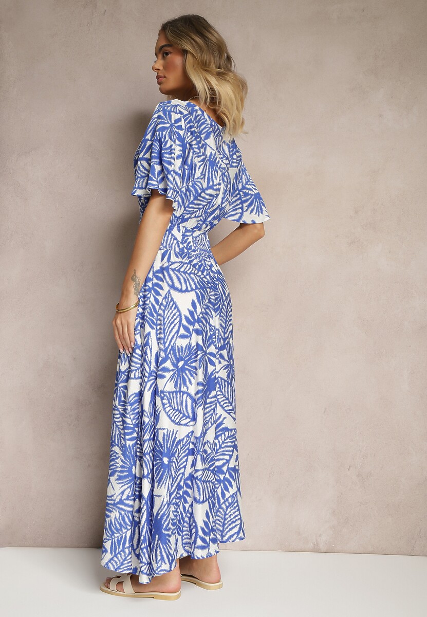 Niebieska Sukienka z Gumką w Pasie Ozdobiona Roślinnym Wzorem Charina