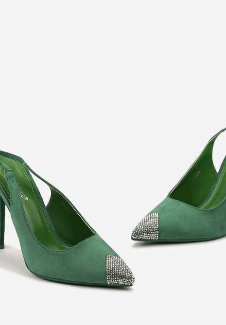 Zielone Sandały z Noskiem Ozdobionym Cyrkoniami i Wiązaniem wokół Łydki na Szpilce Hlienoma