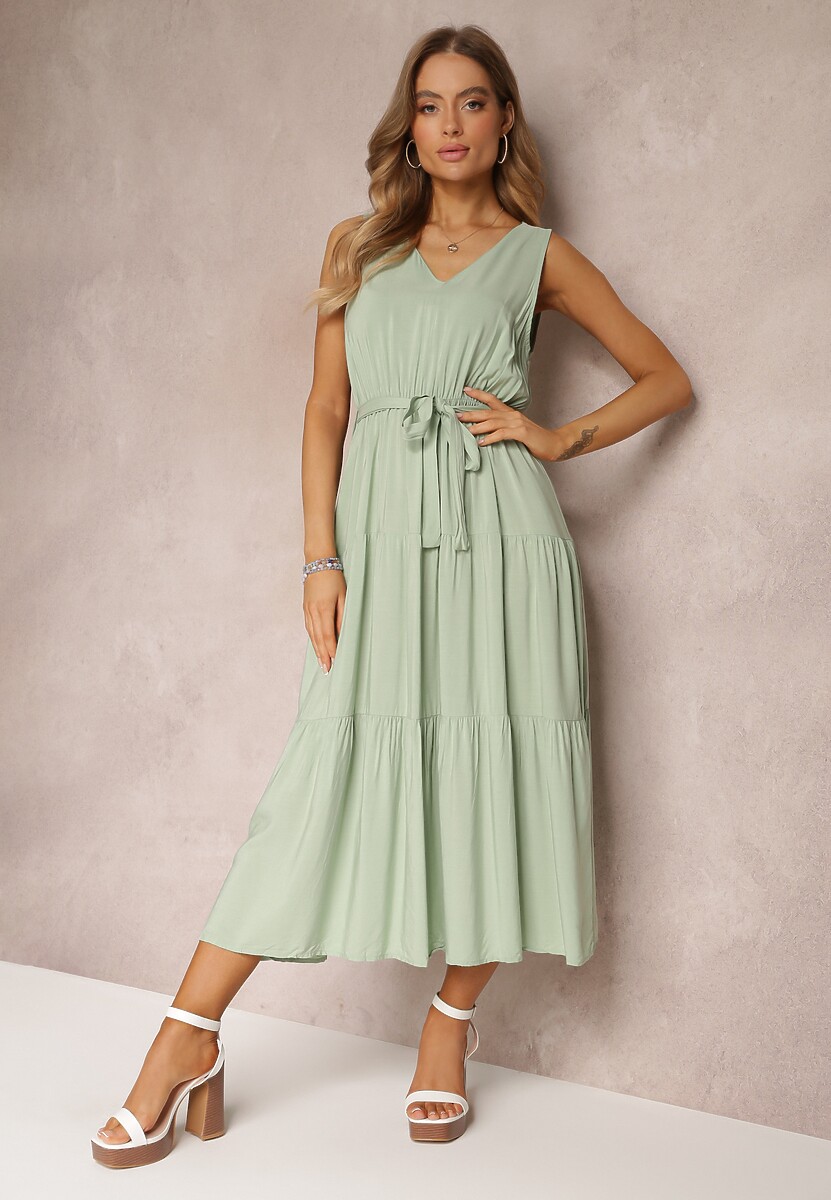 Miętowa Wiązana Sukienka Midi z Wiskozy bez Rękawów z Gumką w Talii Mideyo