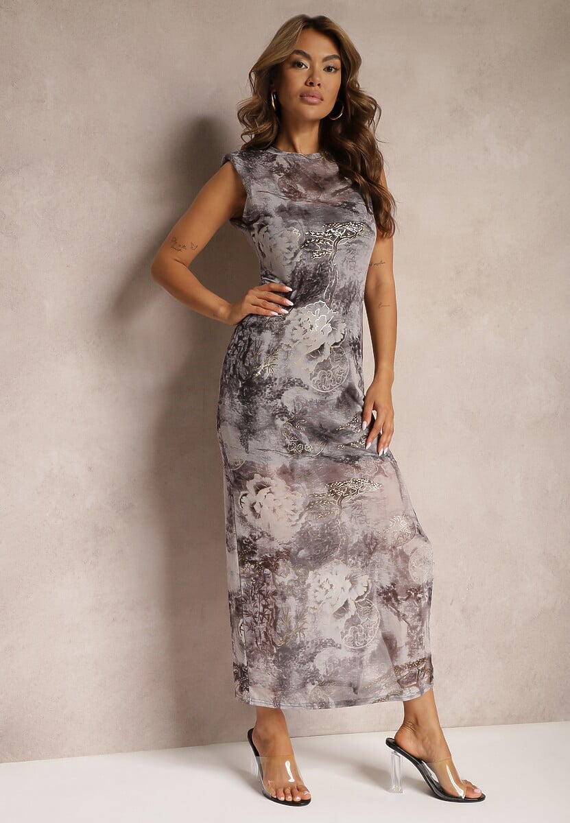 Niebieska Sukienka z Wiskozą o Dopasowanym Kroju Ozdobiona Metaliczną Nitką Stanea