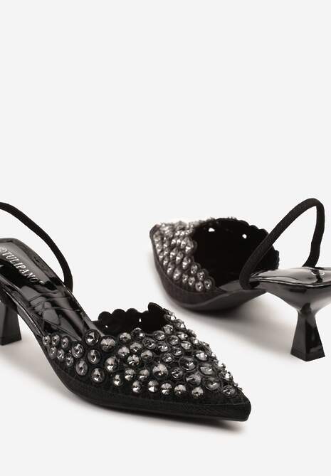Czarne Sandały z Kryształkami na Obcasie Kaczuszka Lenavia