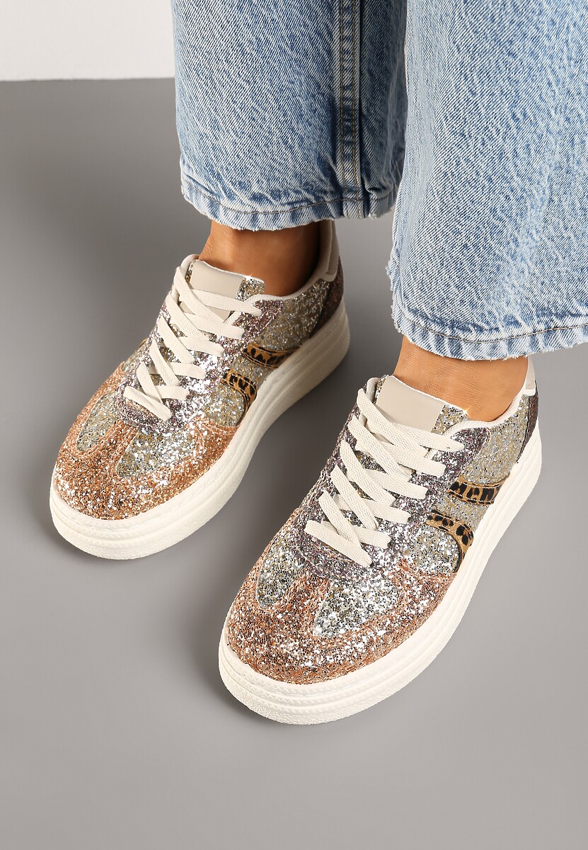 Beżowo-Złote Brokatowe Sneakersy na Niskiej Platformie Nevilinna