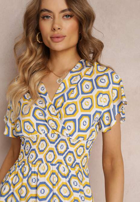 Żółta Kopertowa Sukienka Mini z Gumką w Talii z Wiskozy Samata