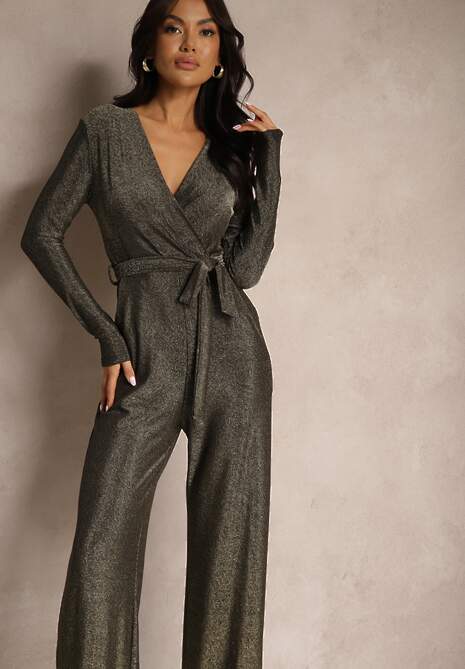 Złoty Kopertowy Kombinezon z Wiskozą z Paskiem Przeszyty Metaliczną Nicią Heladi