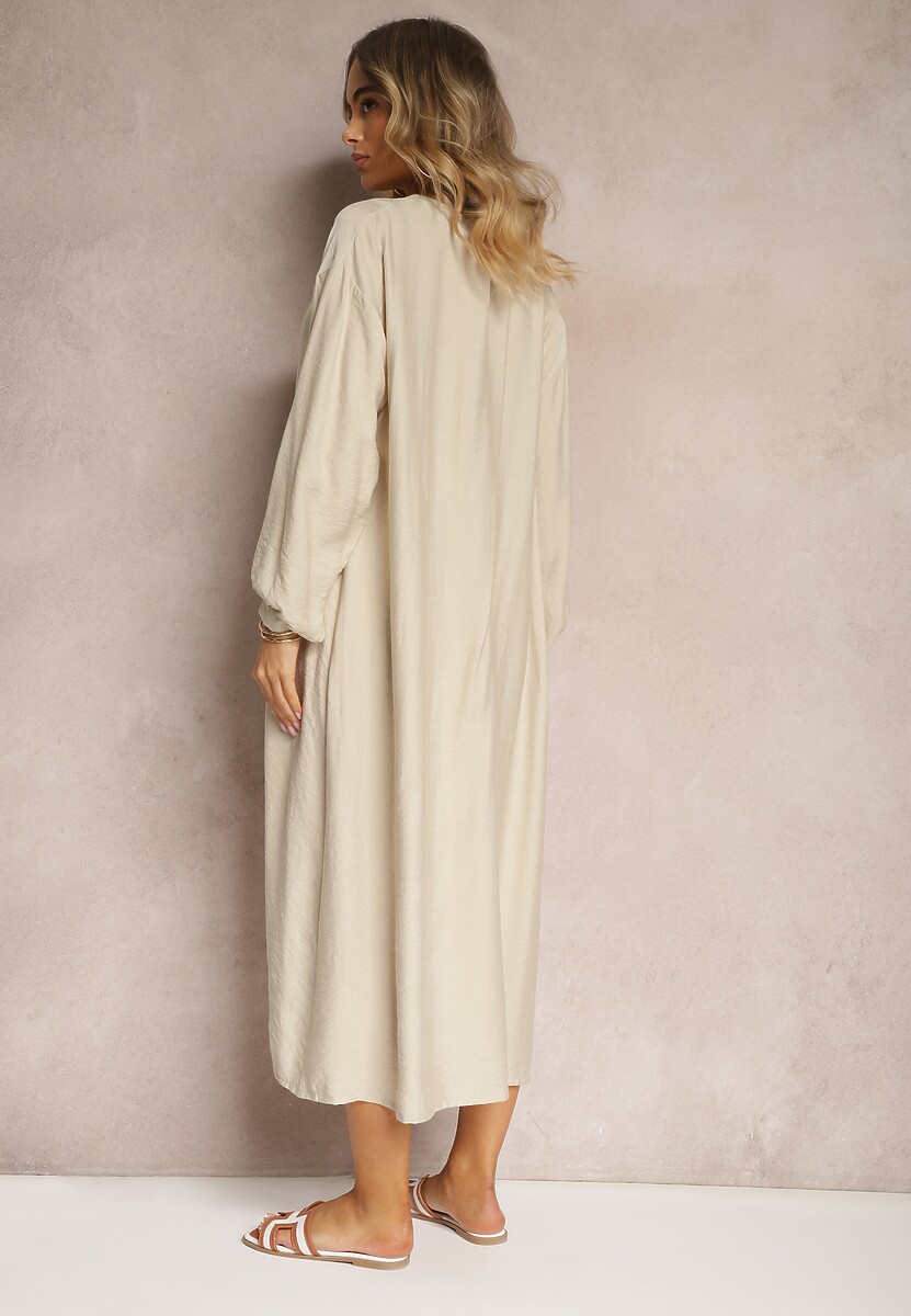 Beżowa Sukienka w Stylu Koszulowym z Bufiastymi Rękawami i Wiskozą Denisea