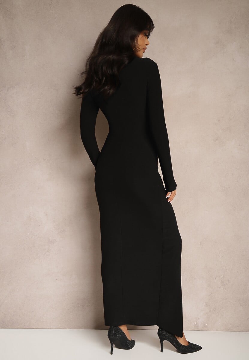 Czarna Koktajlowa Sukienka Półgolf Ozdobiona Marszczeniami Emivelleth