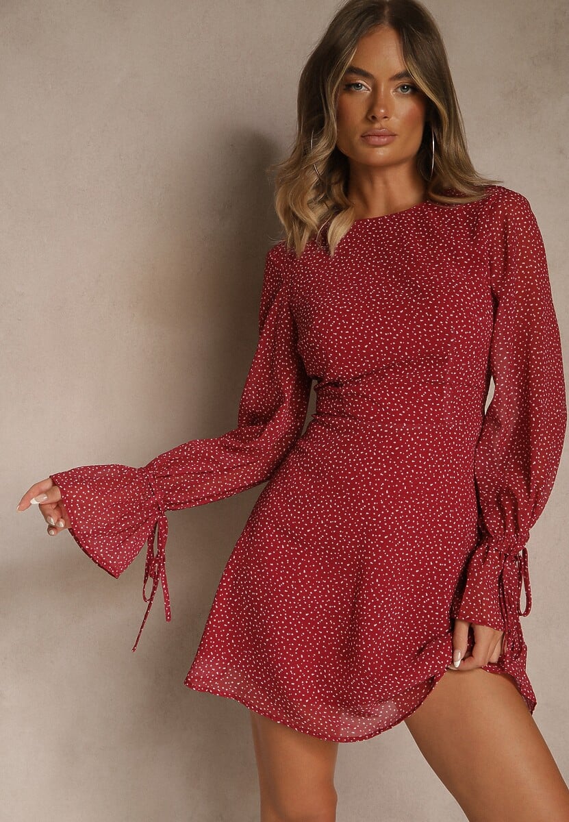 Brązowa Sukienka Vices Ozdobiona Transparentnymi Rękawami i Kropkami Celziva