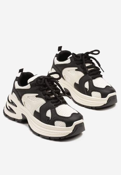 Czarno-Beżowe Sneakersy na Platformie z Tłoczeniem i Geometrycznym Wzorem Melvila