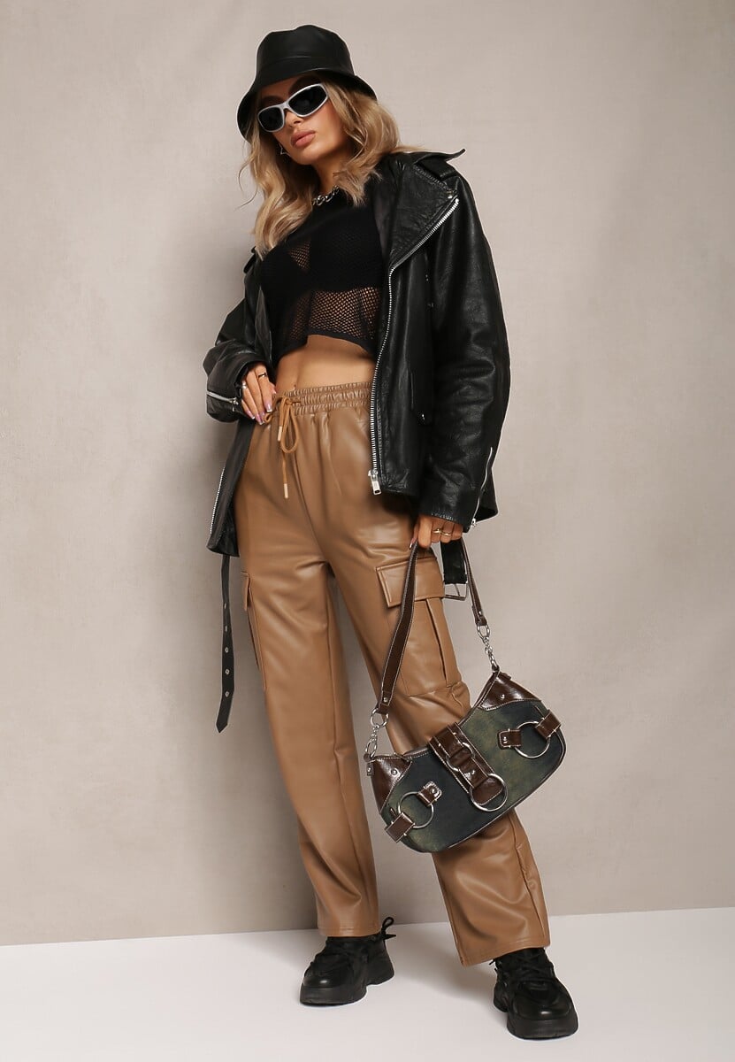 Ciemnobeżowe Szerokie Spodnie High Waist Ocieplone w Stylu Cargo z Gumką w Pasie i Kieszeniami na Klapy Vilencja