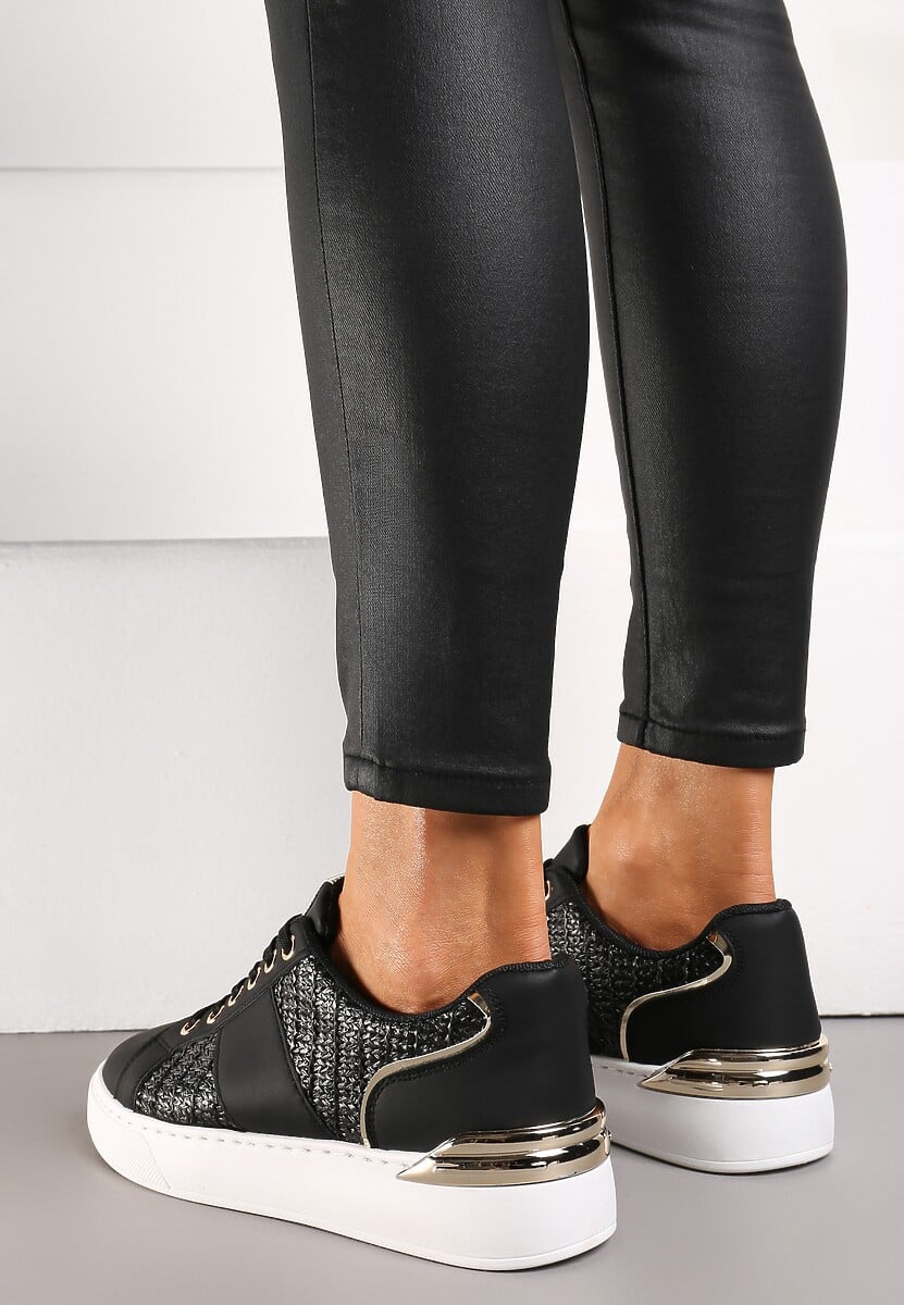 Czarne Sznurowane Sneakersy z Ekoskóry z Plecionką i Metaliczną Wstawką Josephina