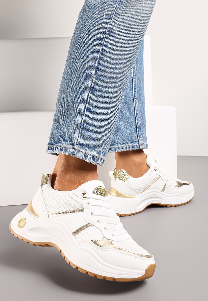 Ciemnobeżowe Sneakersy z Tłoczonego Materiału z Brokatowymi i Metalicznymi Wstawkami Thermia