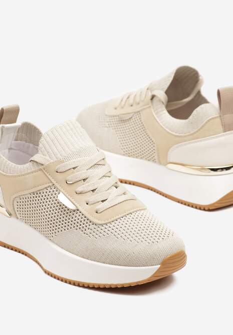 Beżowe Sneakersy z Siateczkową Cholewką Saramis