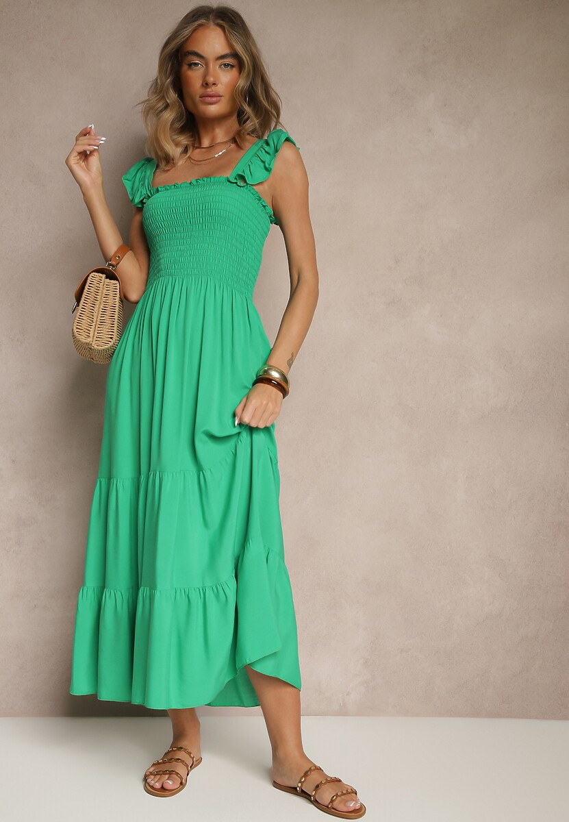 Zielona Sukienka z Bawełny na Ramiączkach Ozdobiona Falbanami i Gumkami Mevalys