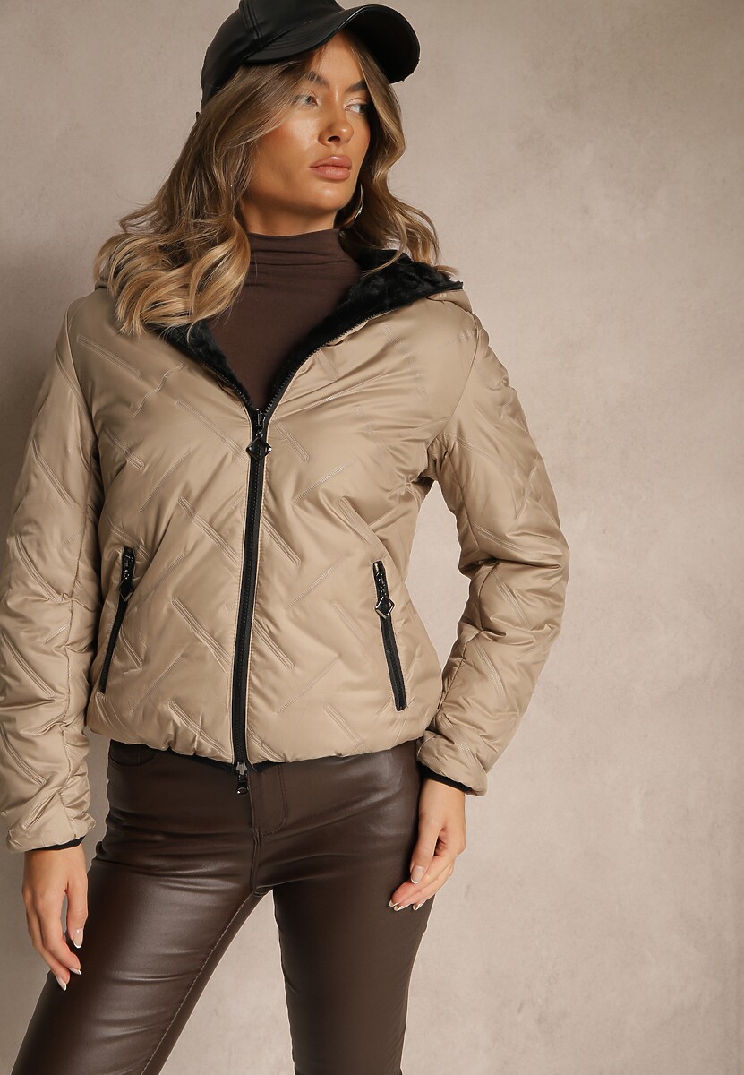 Beżowa Dwustronna Kurtka z Pikowanymi Przeszyciami i Kapturem Tianessa