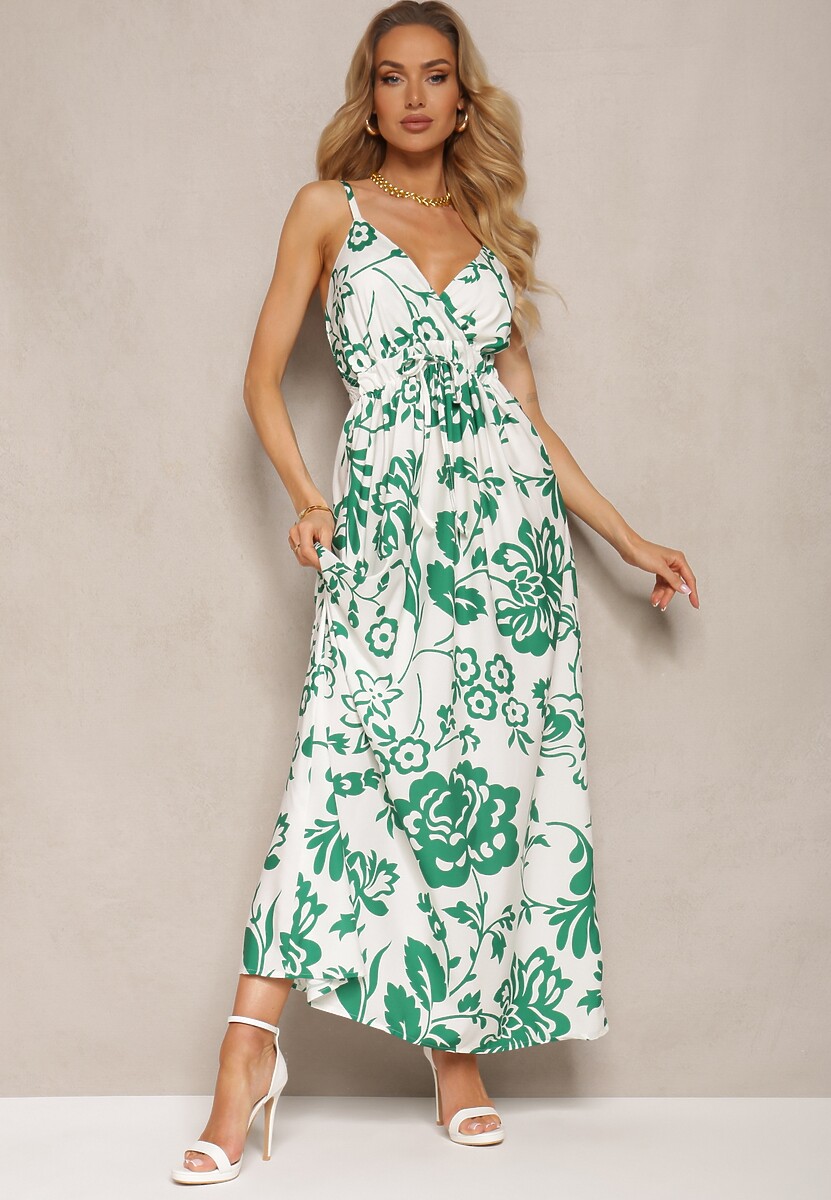 Zielono-Biała Sukienka z Gumkami na Plecach Ściągana w Talii z Regulowanymi Ramiączkami Falora