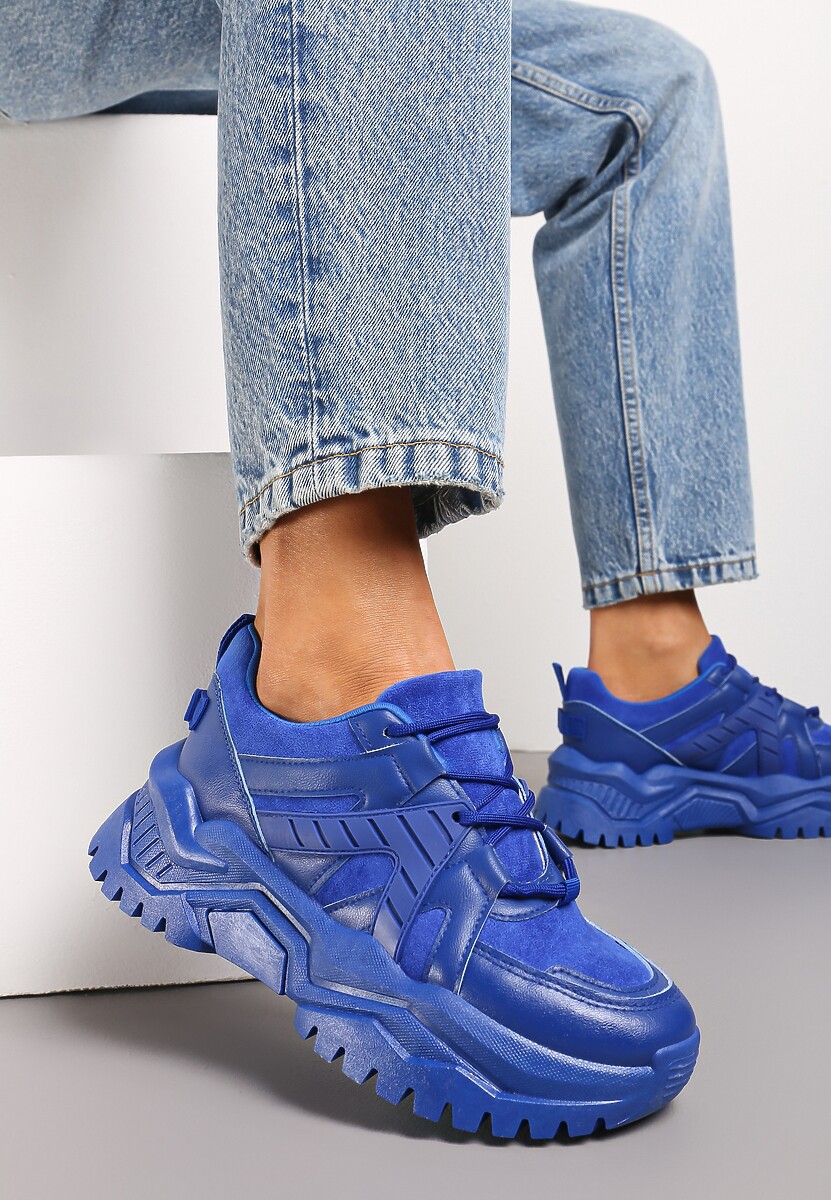 Niebieskie Sneakersy Sznurowane na Grubej Podeszwie Releta