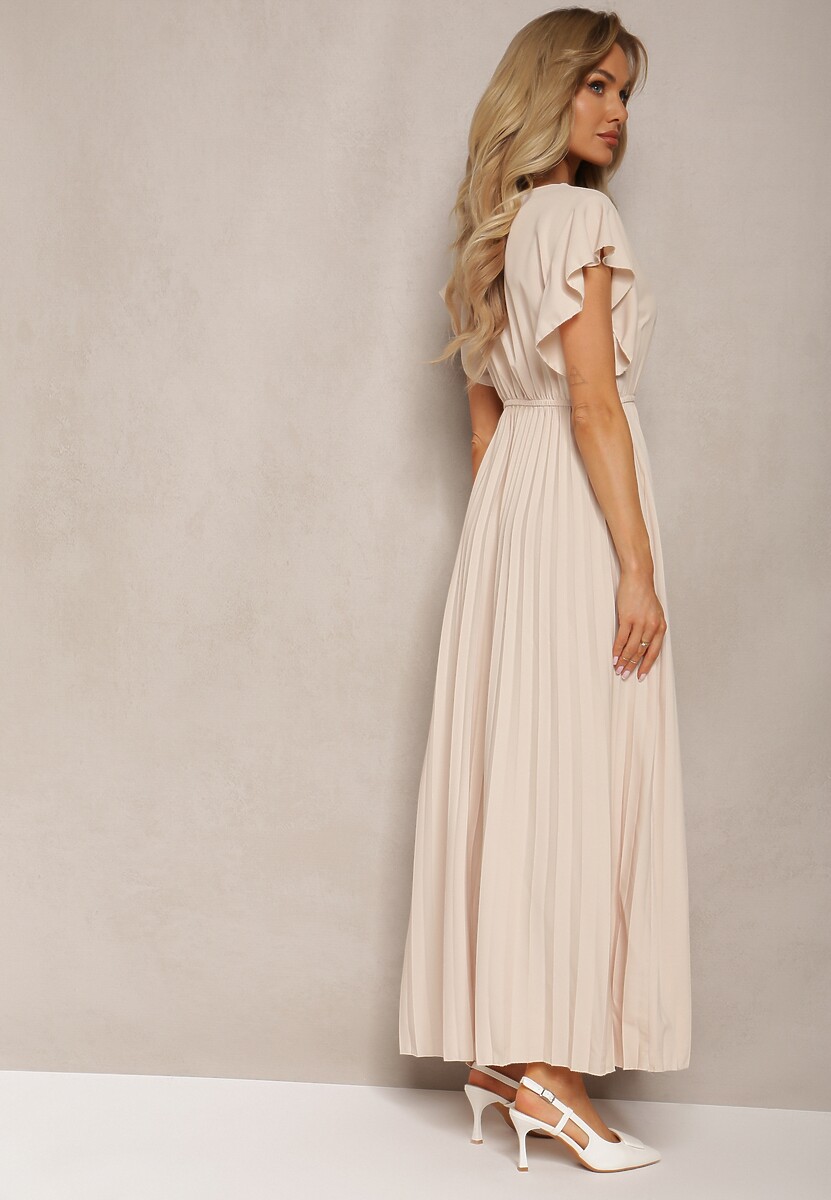 Beżowa Rozkloszowana Sukienka z Plisami Maxi z Falbankami przy Ramionach Nethula