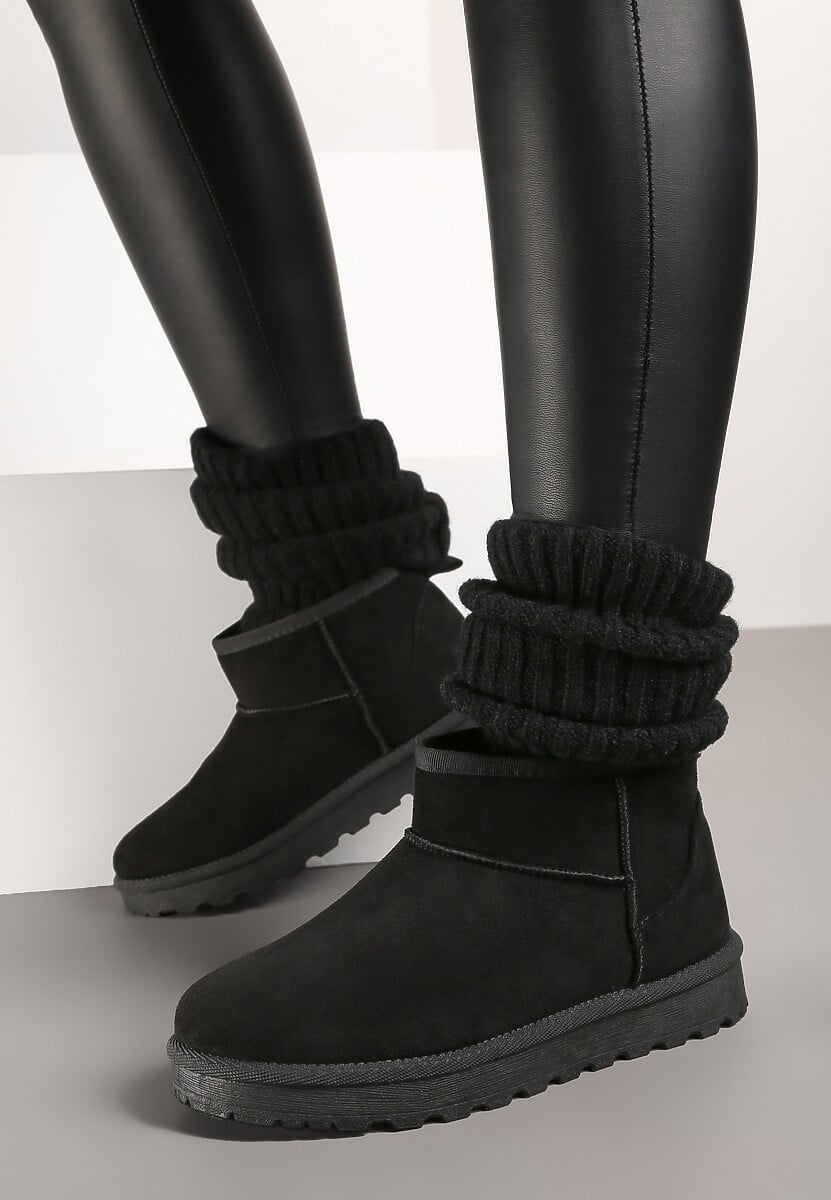 Czarne Casualowe Ocieplane Śniegowce na Płaskiej Podeszwie Emelunetta