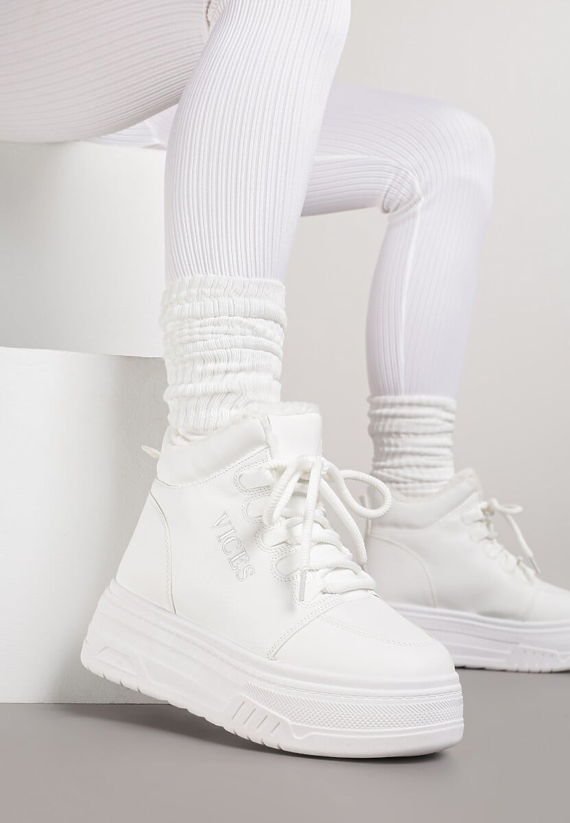 Białe Sneakersy na Grubej Podeszwie Mocno Ocieplane Futrem Leavinael