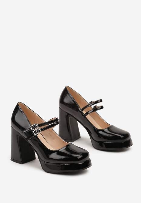 Czarne Czółenka na Obcasie z Lakierowanym Połyskiem Zdobione Paskami ze Sprzączkami Viathena