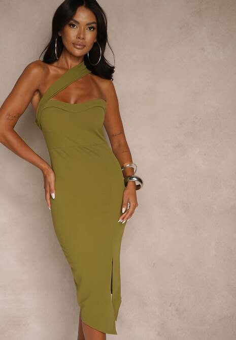 Jasnozielona Koktajlowa Sukienka Typu Bodycon o Asymetrycznym Kroju Haliannea
