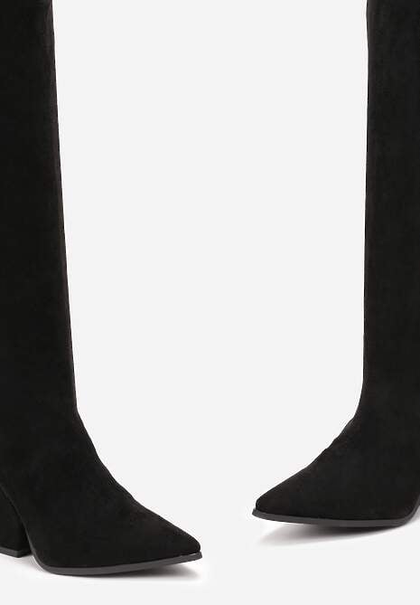 Czarne Kozaki na Stożku za Kolano ze Szpiczastym Noskiem Nudra