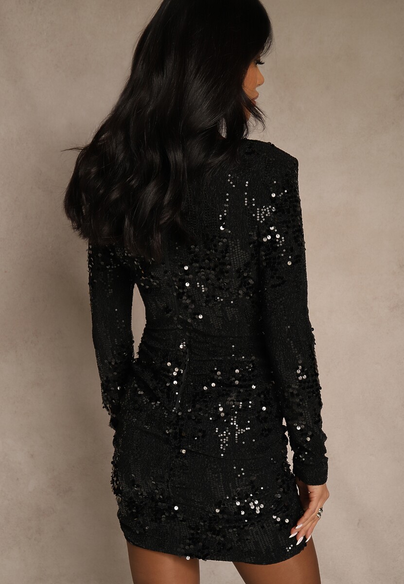 Czarna Cekinowa Sukienka Koktajlowa o Dopasowanym Kroju z Dekoltem V Loweda