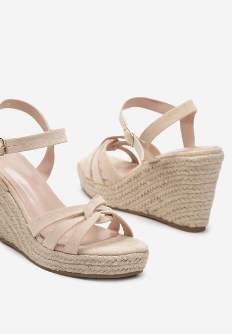 Beżowe Casualowe Sandały na Koturnie w Stylu Boho z Plecionką Grendia