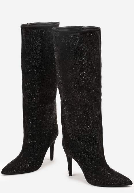 Czarne Kozaki Muszkieterki na Szpilce Ozdobione Cyrkoniami  Naladea