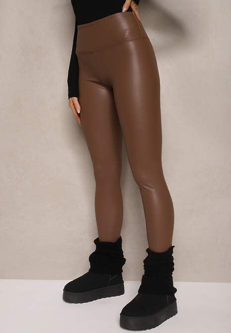 Brązowe Legginsy z Imitacji Skóry High Waist z Polarem Selabra