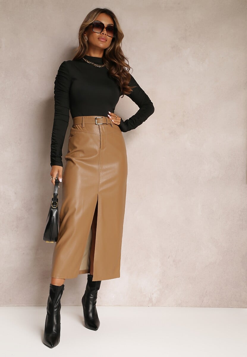 Beżowa Ołówkowa Spódnica Maxi z Ekoskóry Evell