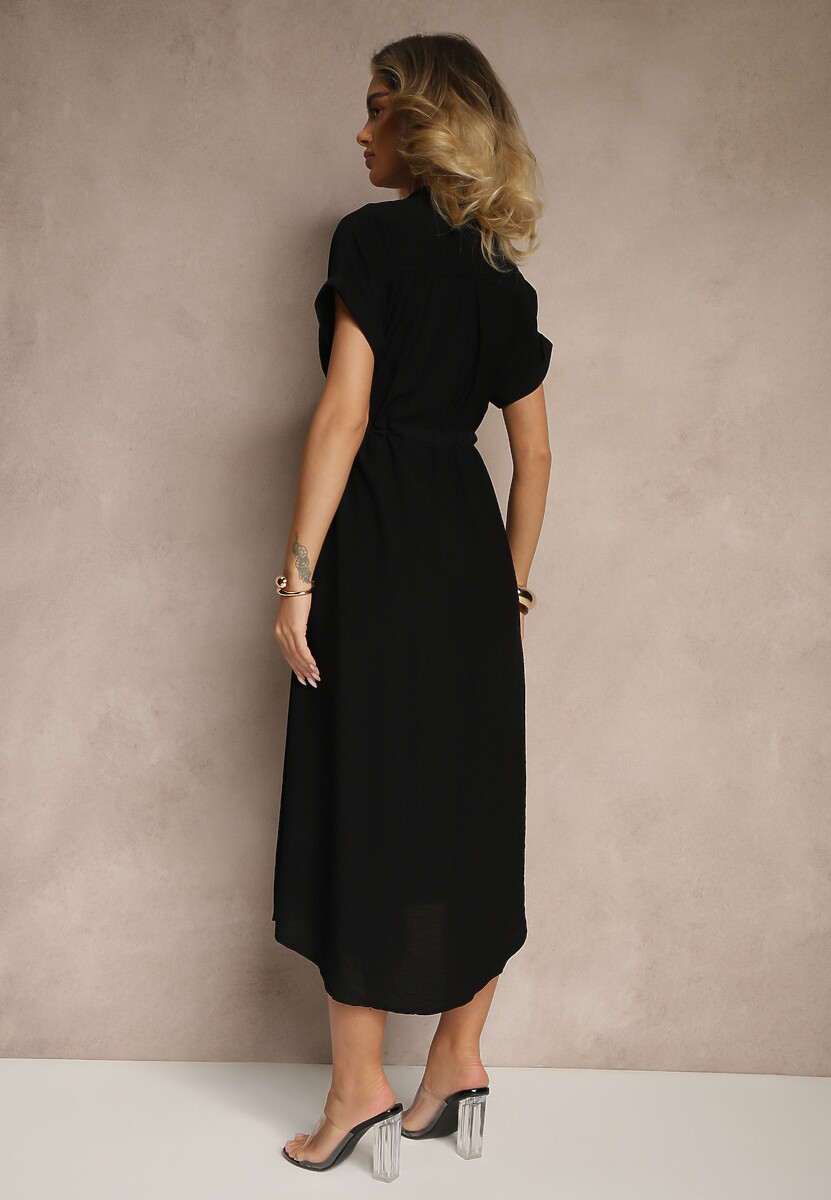 Czarna Wiskozowa Sukienka Koszulowa z Guzikami i Wiązaniem w Talii Velazia